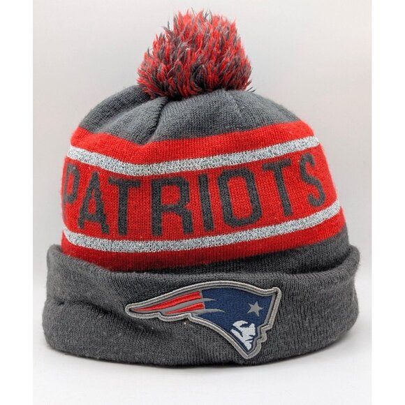 New England Patriots Winter Hat Pom Pom New Era NFL Football Beanie Red Gray O/S - Picture 1 of 5